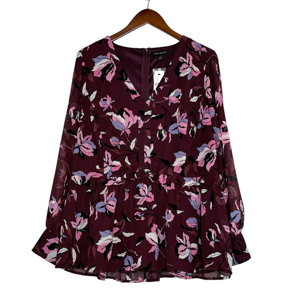 Lane Bryant Peplum Blouse Floral Sheer Cranberry Plus Purple Burgundy Size 1